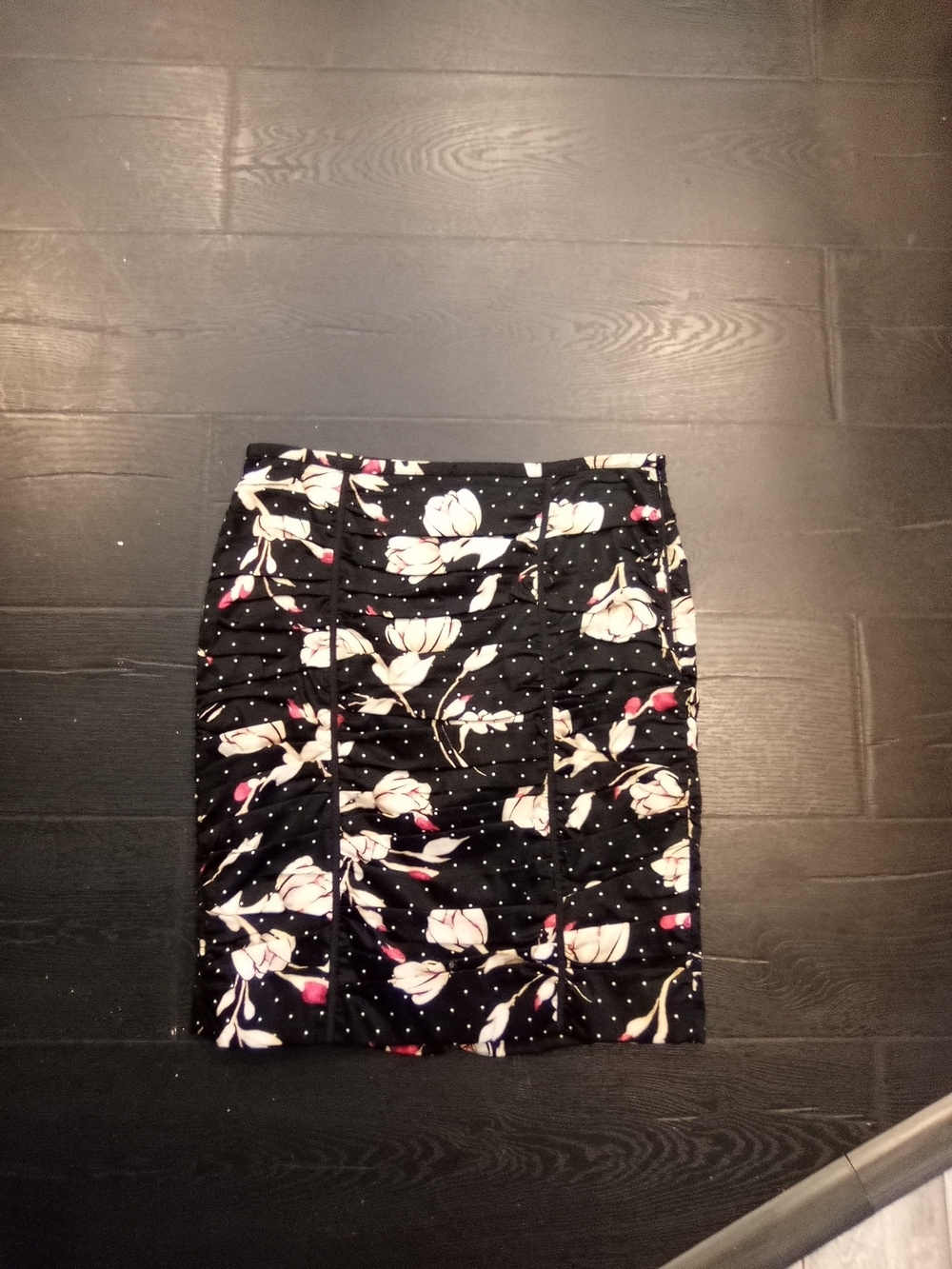 Black Floral A-Line Skirt with Pink and White Blooms